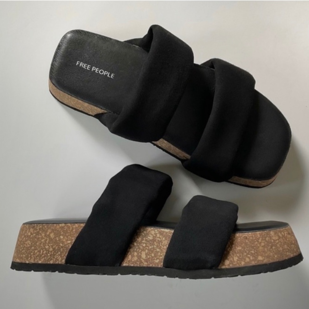 Free People Black Dual-Strap Cork Platform Slides - Picture 7 of 7